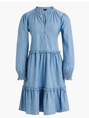 NWT J.Crew Chambray Ruffle Tiered Mini Dress Cottagecore Prairie Puff Sleeve 6